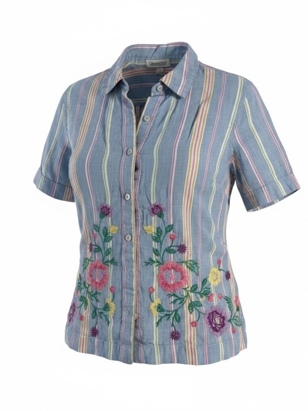 Coldwater Creek Blue Striped Button-Down Shirt with Floral Embroidery